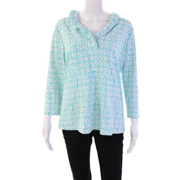J. Mclaughlin Tops - J. Mclaughlin Womens Abstract Print V-Neck Long Sleeve Blouse Top Blue Size XL
